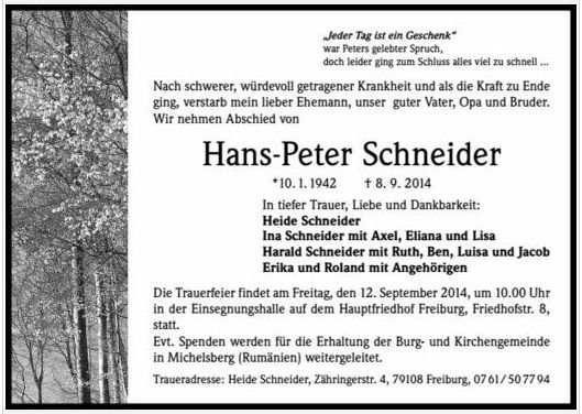 Schneider Hans Peter 1942-2014 Todesanzeige